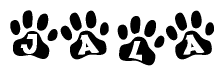 The image shows a series of animal paw prints arranged horizontally. Within each paw print, there's a letter; together they spell Jala