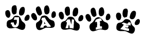 The image shows a row of animal paw prints, each containing a letter. The letters spell out the word Janie within the paw prints.