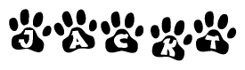 The image shows a series of animal paw prints arranged horizontally. Within each paw print, there's a letter; together they spell Jackt