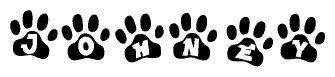 The image shows a series of animal paw prints arranged in a horizontal line. Each paw print contains a letter, and together they spell out the word Johney.