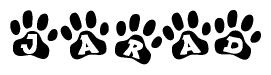 The image shows a series of animal paw prints arranged horizontally. Within each paw print, there's a letter; together they spell Jarad