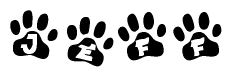 The image shows a series of animal paw prints arranged in a horizontal line. Each paw print contains a letter, and together they spell out the word Jeff.
