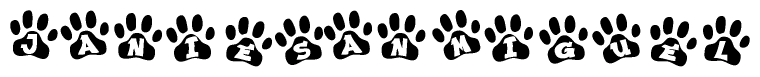 The image shows a series of animal paw prints arranged in a horizontal line. Each paw print contains a letter, and together they spell out the word Janiesanmiguel.