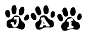 The image shows a row of animal paw prints, each containing a letter. The letters spell out the word Jai within the paw prints.