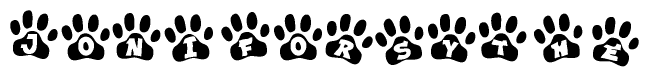 The image shows a series of animal paw prints arranged in a horizontal line. Each paw print contains a letter, and together they spell out the word Joniforsythe.