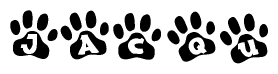 The image shows a row of animal paw prints, each containing a letter. The letters spell out the word Jacqu within the paw prints.