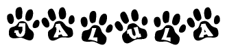 The image shows a row of animal paw prints, each containing a letter. The letters spell out the word Jalula within the paw prints.