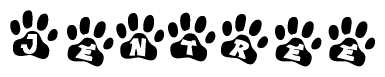 The image shows a row of animal paw prints, each containing a letter. The letters spell out the word Jentree within the paw prints.