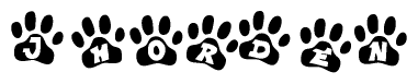 The image shows a row of animal paw prints, each containing a letter. The letters spell out the word Jhorden within the paw prints.