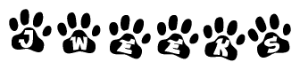 The image shows a series of animal paw prints arranged horizontally. Within each paw print, there's a letter; together they spell Jweeks