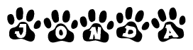 The image shows a series of animal paw prints arranged in a horizontal line. Each paw print contains a letter, and together they spell out the word Jonda.