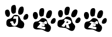 The image shows a series of animal paw prints arranged horizontally. Within each paw print, there's a letter; together they spell Jere