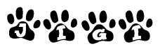 The image shows a series of animal paw prints arranged horizontally. Within each paw print, there's a letter; together they spell Jigi