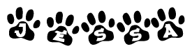 The image shows a series of animal paw prints arranged horizontally. Within each paw print, there's a letter; together they spell Jessa