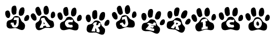 The image shows a series of animal paw prints arranged in a horizontal line. Each paw print contains a letter, and together they spell out the word Jackjerico.