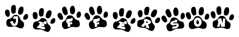 The image shows a series of animal paw prints arranged in a horizontal line. Each paw print contains a letter, and together they spell out the word Jefferson.