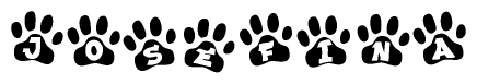 The image shows a row of animal paw prints, each containing a letter. The letters spell out the word Josefina within the paw prints.