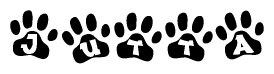 The image shows a row of animal paw prints, each containing a letter. The letters spell out the word Jutta within the paw prints.