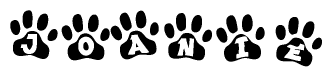 The image shows a series of animal paw prints arranged horizontally. Within each paw print, there's a letter; together they spell Joanie