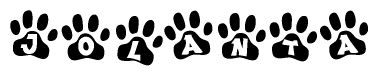 The image shows a series of animal paw prints arranged in a horizontal line. Each paw print contains a letter, and together they spell out the word Jolanta.