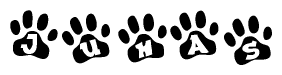The image shows a series of animal paw prints arranged horizontally. Within each paw print, there's a letter; together they spell Juhas
