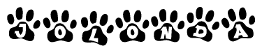 The image shows a row of animal paw prints, each containing a letter. The letters spell out the word Jolonda within the paw prints.