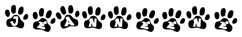 The image shows a series of animal paw prints arranged in a horizontal line. Each paw print contains a letter, and together they spell out the word Jeanneene.