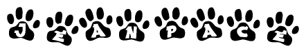 The image shows a series of animal paw prints arranged in a horizontal line. Each paw print contains a letter, and together they spell out the word Jeanpace.