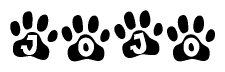 The image shows a series of animal paw prints arranged in a horizontal line. Each paw print contains a letter, and together they spell out the word Jojo.