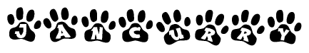The image shows a row of animal paw prints, each containing a letter. The letters spell out the word Jancurry within the paw prints.