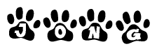 The image shows a series of animal paw prints arranged in a horizontal line. Each paw print contains a letter, and together they spell out the word Jong.