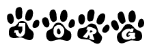 The image shows a series of animal paw prints arranged in a horizontal line. Each paw print contains a letter, and together they spell out the word Jorg.