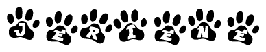 The image shows a series of animal paw prints arranged horizontally. Within each paw print, there's a letter; together they spell Jeriene