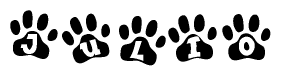 The image shows a series of animal paw prints arranged in a horizontal line. Each paw print contains a letter, and together they spell out the word Julio.
