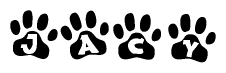 The image shows a series of animal paw prints arranged horizontally. Within each paw print, there's a letter; together they spell Jacy