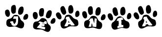 The image shows a series of animal paw prints arranged in a horizontal line. Each paw print contains a letter, and together they spell out the word Jeania.