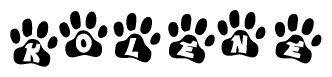 The image shows a row of animal paw prints, each containing a letter. The letters spell out the word Kolene within the paw prints.
