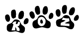 The image shows a row of animal paw prints, each containing a letter. The letters spell out the word Koz within the paw prints.
