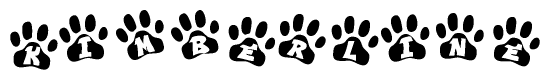 The image shows a row of animal paw prints, each containing a letter. The letters spell out the word Kimberline within the paw prints.