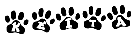 The image shows a series of animal paw prints arranged horizontally. Within each paw print, there's a letter; together they spell Keita