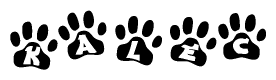 The image shows a series of animal paw prints arranged horizontally. Within each paw print, there's a letter; together they spell Kalec
