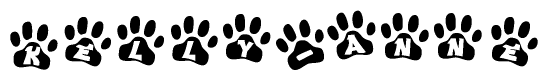 The image shows a series of animal paw prints arranged horizontally. Within each paw print, there's a letter; together they spell Kelly-anne