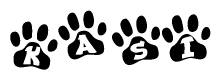 The image shows a row of animal paw prints, each containing a letter. The letters spell out the word Kasi within the paw prints.