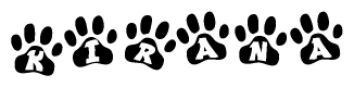 The image shows a series of animal paw prints arranged horizontally. Within each paw print, there's a letter; together they spell Kirana
