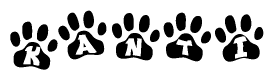The image shows a series of animal paw prints arranged in a horizontal line. Each paw print contains a letter, and together they spell out the word Kanti.