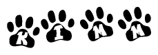 The image shows a series of animal paw prints arranged in a horizontal line. Each paw print contains a letter, and together they spell out the word Kimm.