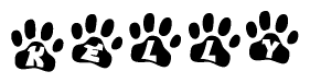 The image shows a series of animal paw prints arranged horizontally. Within each paw print, there's a letter; together they spell Kelly