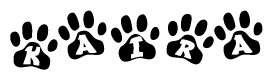 The image shows a series of animal paw prints arranged in a horizontal line. Each paw print contains a letter, and together they spell out the word Kaira.