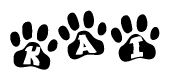 The image shows a row of animal paw prints, each containing a letter. The letters spell out the word Kai within the paw prints.