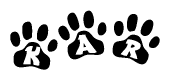 The image shows a series of animal paw prints arranged horizontally. Within each paw print, there's a letter; together they spell Kar